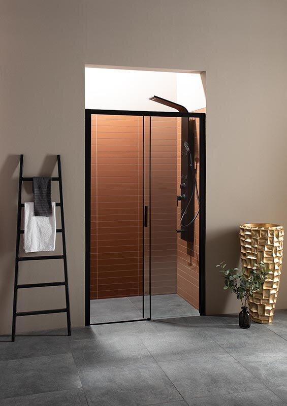 Изображение товара Душевая дверь в нишу Aquanet Pleasure, 150 х 200 см, стекло прозрачное, профиль черный матовый, AE60-N-150H200U-BT