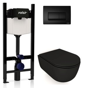 Изображение товара Инсталляция Valsir с безободковым унитазом Galassia Dream 7334NEMT, сиденье 7330NEMT в комплекте, клавиша черный матовый