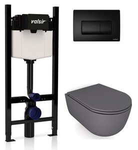 Изображение товара Инсталляция Valsir с безободковым унитазом Galassia Dream 7334GM, сиденье 7330GM в комплекте, клавиша черный матовый