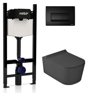 Изображение товара Инсталляция Valsir с безободковым унитазом Galassia MEG11PRO 5486NEMT, сиденье 5478NEMT в комплекте, клавиша черный матовый