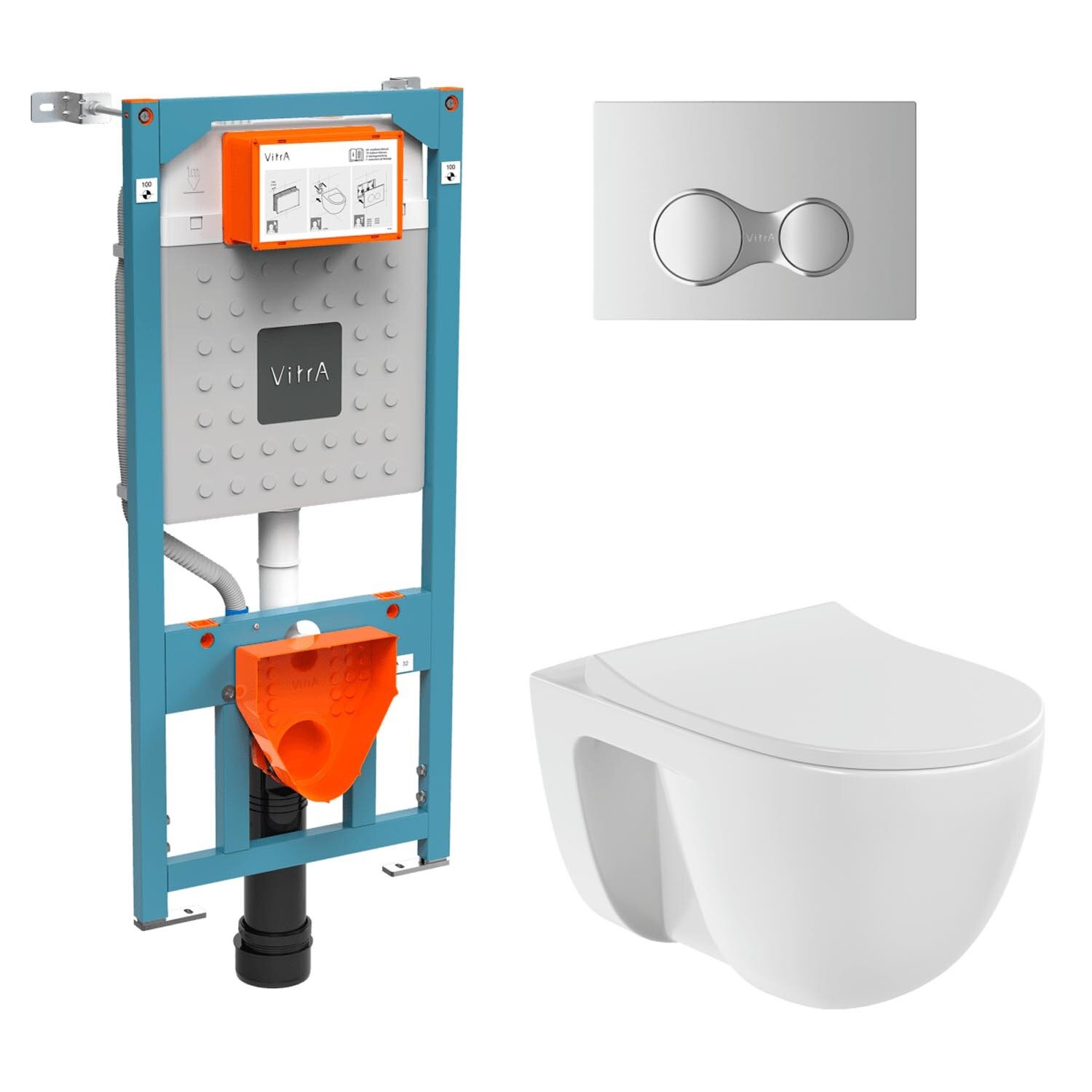 Изображение товара Инсталляция с унитазом VitrA Normus 9860B003-7200, SmoothFlush с тонким сиденьем с микролифтом, клавиша хром глянцевый Изображение товара Инсталляция с унитазом VitrA Normus 9860B003-7200, SmoothFlush с тонким сиденьем с микролифтом, клавиша хром глянцевый