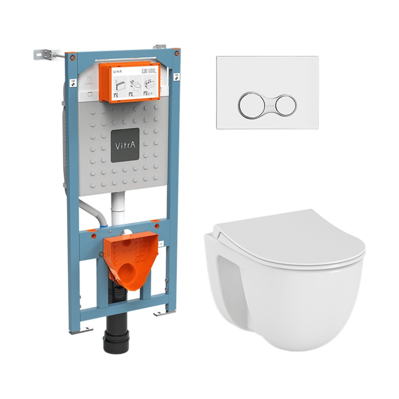 Изображение товара Инсталляция с унитазом VitrA Normus 9860B003-7200, SmoothFlush с тонким сиденьем с микролифтом, клавиша хром глянцевый