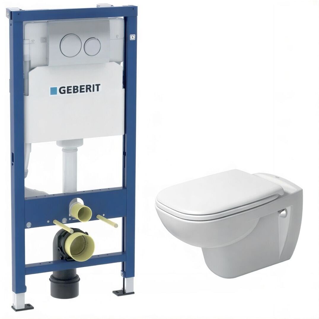 Изображение товара Инсталляция Geberit с безободковым унитазом Duravit D-Code 458.134.DC.2 l, сиденье микролифт, клавиша хром, комплект