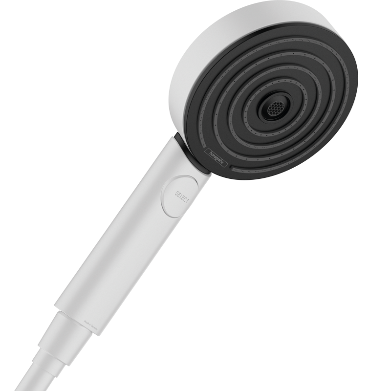 Изображение товара Душевая лейка Hansgrohe Pulsify 24101700 Select S, EcoSmart 3 режима струи, белый матовый, диск графит Изображение товара Душевая лейка Hansgrohe Pulsify 24101700 Select S, EcoSmart 3 режима струи, белый матовый, диск графит