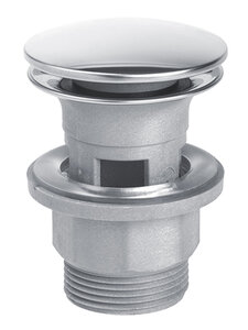 Изображение товара Донный клапан Styron пластиковый "клик-клак" для умывальника 5/4 с большой металлической заглушкой, с переливом, хром, KL-04