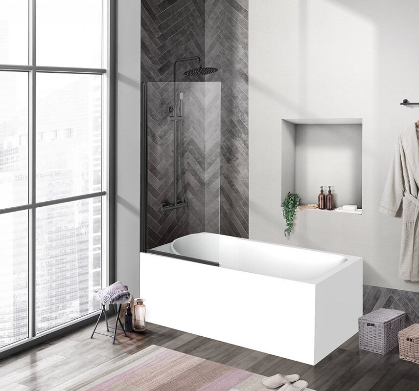 Изображение товара Душевая шторка на ванну BelBagno Uno 90x150 черный матовый стекло прозрачное