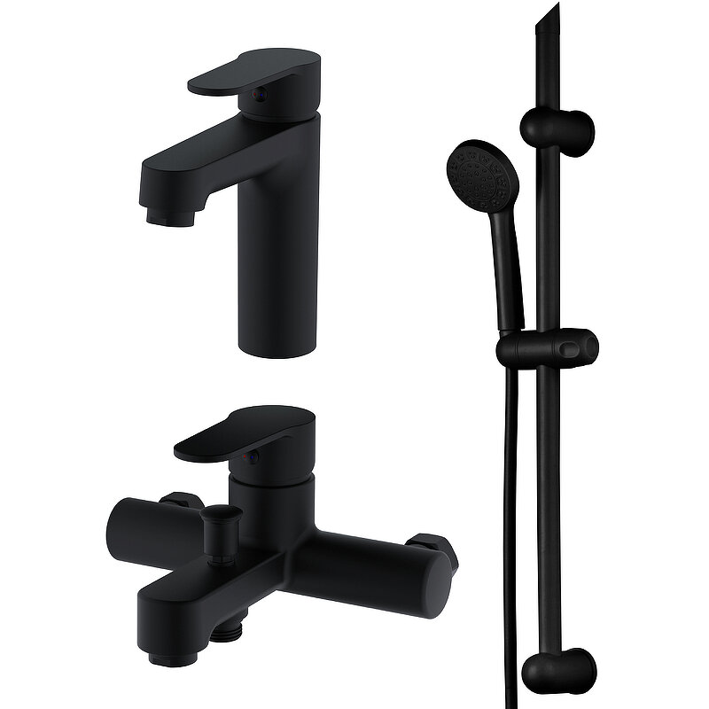 Изображение товара Набор полимерных смесителей OneLife с душевым комплектом, черный матовый, P07-511b