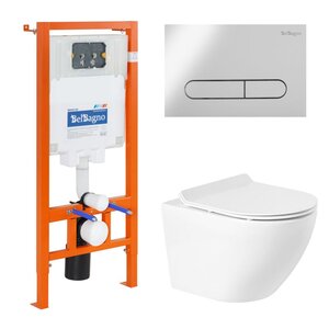 Изображение товара Инсталляция BelBagno с безободковым унитазом BelBagno Sfera-R BB046CHR, сиденье микролифт, клавиша хром, комплект