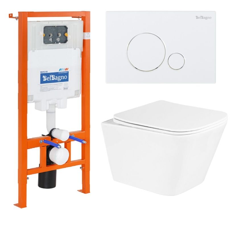 Изображение товара Инсталляция BelBagno с унитазом BelBagno Due BB3103CHR/SC, сиденье с микролифтом, клавиша белая круглая, комплект