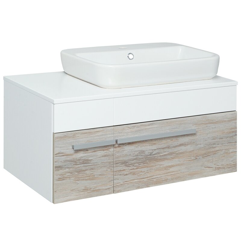 Изображение товара Тумба под раковину Runo Вудлайн 85, подвесная, белая/дуб скандинавский, 00-00001010