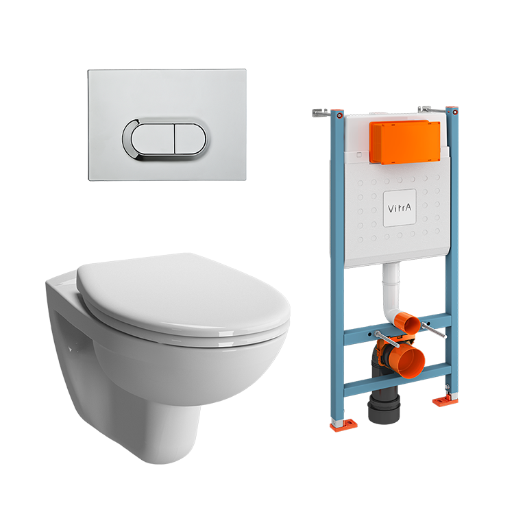 Изображение товара Инсталляция с унитазом VitrA Normus 9773B003-7206 L-box, с быстросъёмным сиденьем с микролифтом, клавиша хром глянцевый