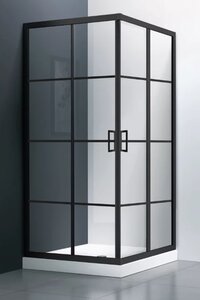 Изображение товара Душевой уголок Veconi Rovigo 100 x 100 см, дверь раздвижная, стекло прозрачное, принт клетка, профиль черный матовый, RV09-100-01-C7