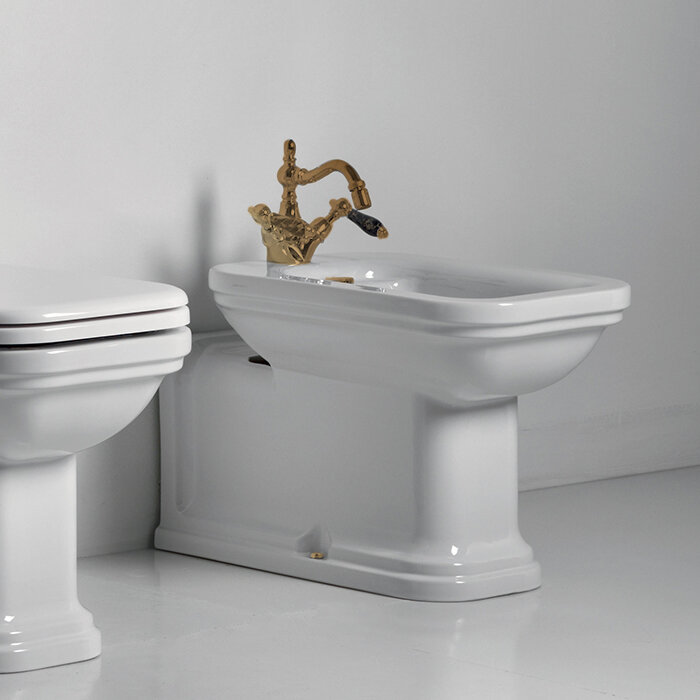 Изображение товара Биде напольное Kerasan Waldorf 4120K3bi/br*1 удлиненное Prolongato, белое, заглушка бронза