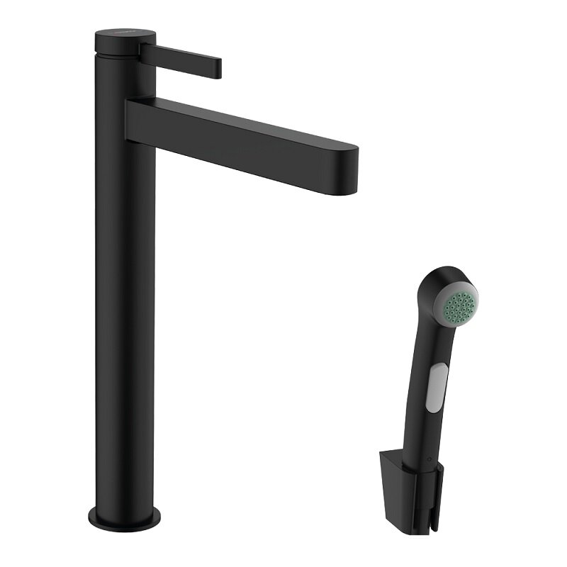 Изображение товара Смеситель Hansgrohe Finoris 76220670 с гигиеническим душем и донным клапаном Push-Open, черный мато