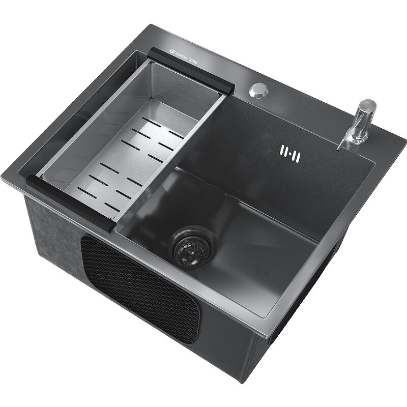 Изображение товара Кухонная мойка Ulgran US 500 50 см с дозатором и коландером черная сталь