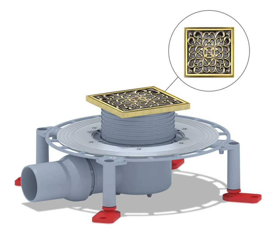 Изображение товара Душевой трап Bronze de Luxe, горизонтальный выход, комбинированный затвор, с дизайн-решеткой Узоры, бронза, 21962-5602