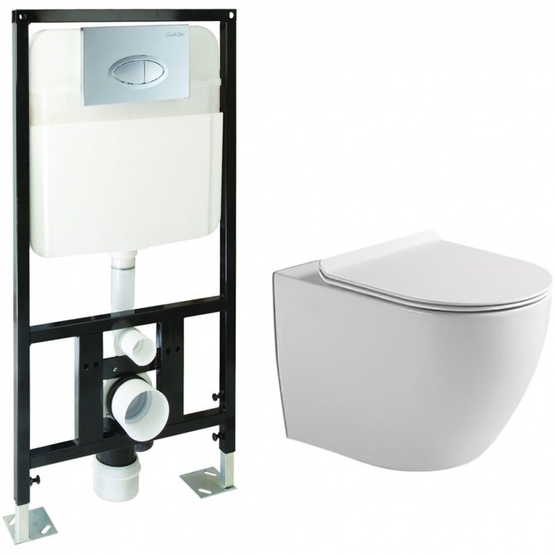 Изображение товара Инсталляция SantiLine с безободковым унитазом, сиденьем микролифт и клавишей хром