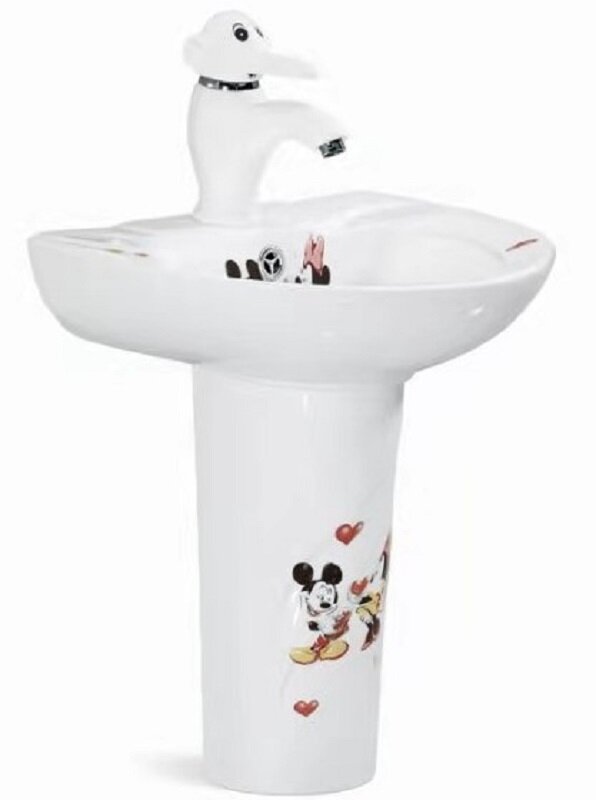 Изображение товара Раковина с пьедесталом SantiLine детская подвесная 43х34 см белая с рисунком Микки Маус