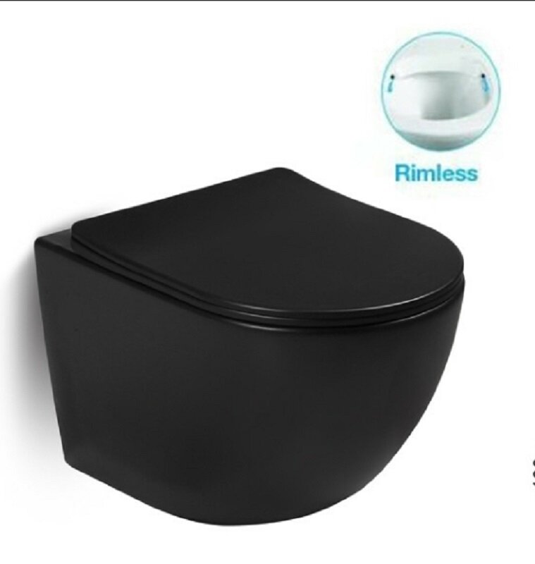 Изображение товара Безободковый подвесной унитаз SantiLine, сиденье микролифт, цвет черный матовый, SL-5018MB