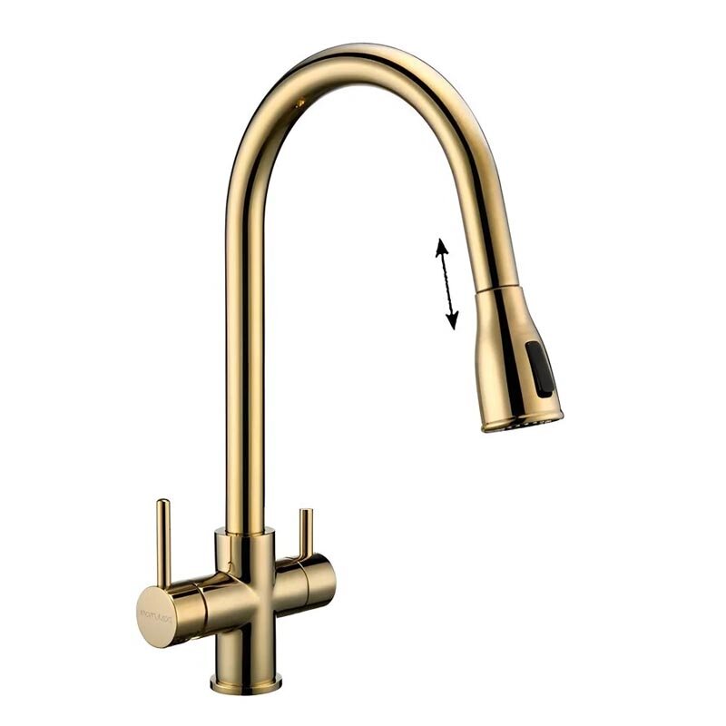 Изображение товара Paulmark La214212-G: золотой смеситель для кухонной мойки с выдвижным изливом Изображение товара Paulmark La214212-G: золотой смеситель для кухонной мойки с выдвижным изливом
