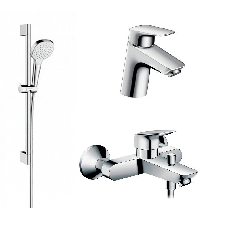 Изображение товара Душевой комплект Hansgrohe хром с душевым гарнитуром и смесителями, Германия Изображение товара Душевой комплект Hansgrohe хром с душевым гарнитуром и смесителями, Германия