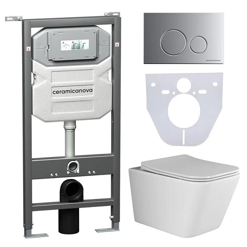 Изображение товара Сет 4 в 1: инсталляция Ceramicanova Envision с подвесным унитазом Metric CN3007_1001M_1000 Rimless CN3007, сантехфарфор, шумоизоляция, кнопка смыва Round хром матовый