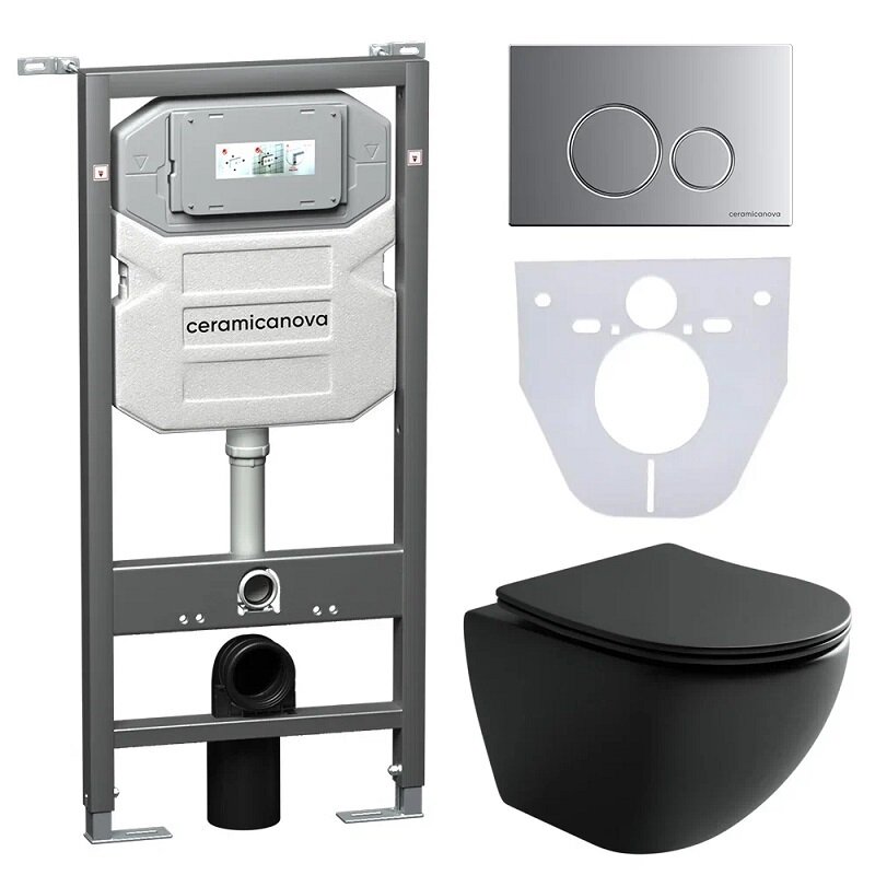 Изображение товара Подвесной унитаз Ceramicanova Envision с кнопкой Round хром матовый и инсталляцией Metropol CN4002M