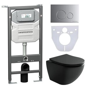 Изображение товара Сет 4 в 1: инсталляция Ceramicanova Envision с подвесным унитазом Metropol CN4002MB_1001M_1000 Rimless CN4002MB, сантехфарфор, шумоизоляция, кнопка смыва Round хром матовый