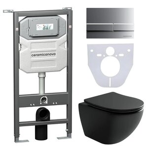 Изображение товара Сет 4 в 1: инсталляция Ceramicanova Envision с подвесным унитазом Metropol CN4002MB_1002M_1000 Rimless CN4002MB, сантехфарфор, шумоизоляция, кнопка смыва Flat хром матовый