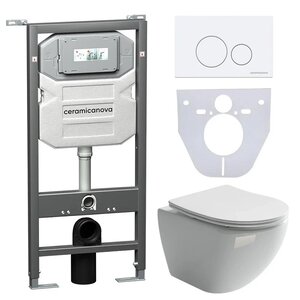 Изображение товара Сет 4 в 1: инсталляция Ceramicanova Envision с подвесным унитазом Metropol CN4002_1001W_1000 Rimless CN4002, сантехфарфор, шумоизоляция, кнопка смыва Round белый