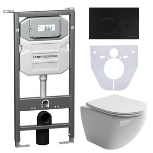 Изображение товара Сет 4 в 1: инсталляция Ceramicanova Envision с подвесным унитазом Metropol CN4002_1001B_1000 Rimless CN4002, сантехфарфор, шумоизоляция, кнопка смыва Round черный матовый