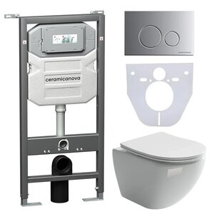 Изображение товара Сет 4 в 1: инсталляция Ceramicanova Envision с подвесным унитазом Metropol CN4002_1001M_1000 Rimless CN4002, сантехфарфор, шумоизоляция, кнопка смыва Round хром матовый