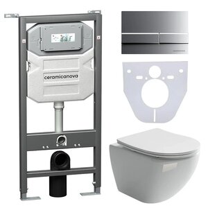 Изображение товара Сет 4 в 1: инсталляция Ceramicanova Envision с подвесным унитазом Metropol CN4002_1002M_1000 Rimless CN4002, сантехфарфор, шумоизоляция, кнопка смыва Flat хром матовый