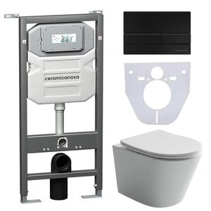 Изображение товара Сет 4 в 1: инсталляция Ceramicanova Envision с подвесным унитазом Balearica CN6000_1002B_1000 Rimless CN6000, сантехфарфор, шумоизоляция, кнопка смыва Flat черный матовый