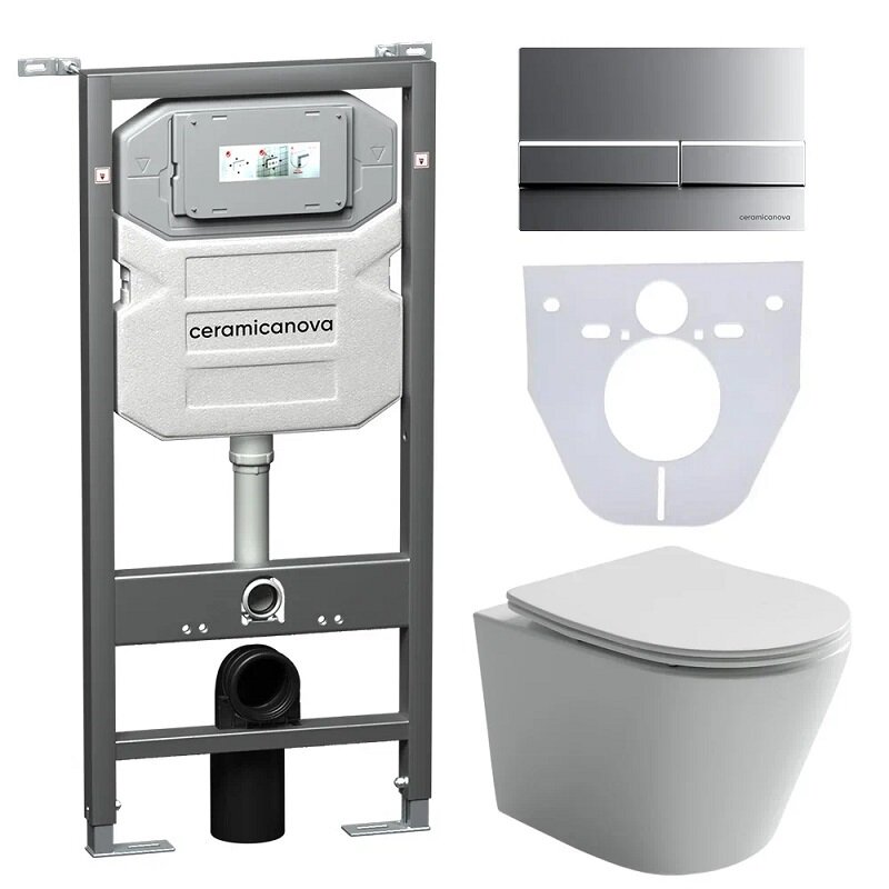 Изображение товара Сет 4 в 1: инсталляция Ceramicanova Envision с подвесным унитазом Balearica CN6000_1002M_1000 Rimless CN6000, сантехфарфор, шумоизоляция, кнопка смыва Flat хром матовый