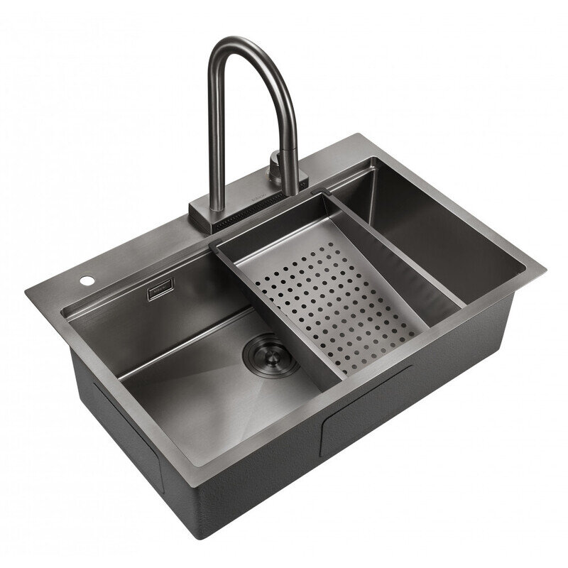Изображение товара Кухонная мойка Milacio Denia MC.77429 75 Steel из вороненой стали с смесителем и коландером