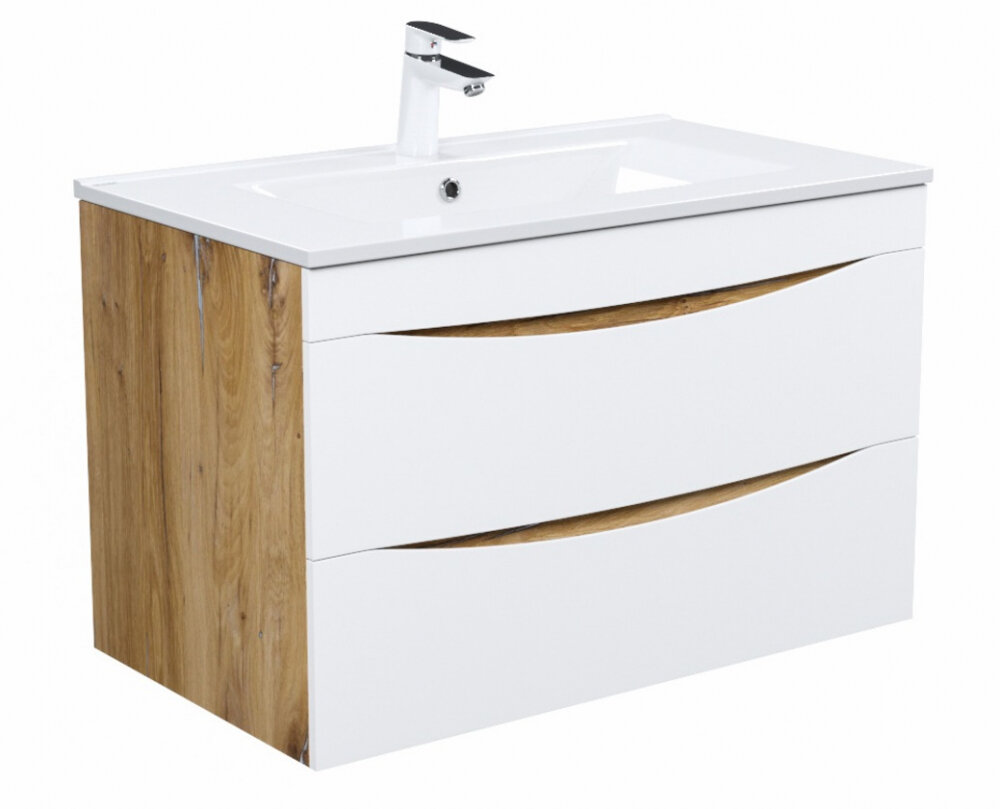 Изображение товара Подвесная тумба под раковину 80 см Iddis Cloud белая с золотистым дубом