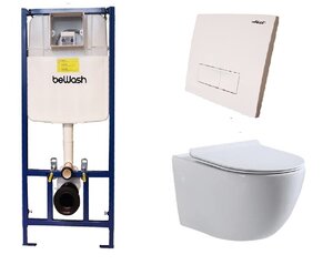 Изображение товара Инсталляция BeWash Lusso с подвесным безободковым унитазом BKWHR004550, сиденье микролифт, клавиша смыва beWash Neox P04W