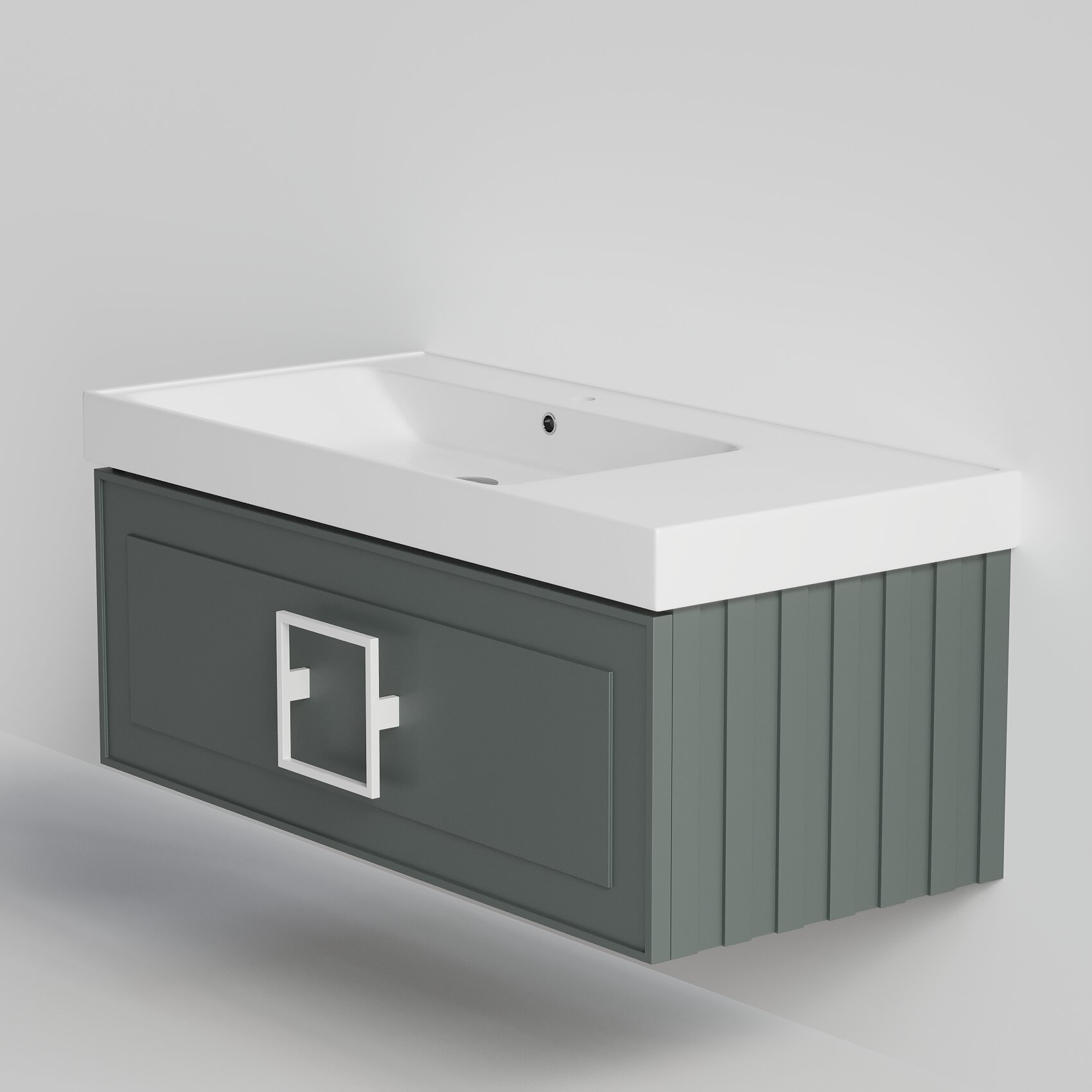 Изображение товара Тумба под раковину La Fenice Cubo Grigio FNC-01-CUB-G-100, 100 см, подвесная, под встраиваемую раковину, серо-зеленый матовый Изображение товара Тумба под раковину La Fenice Cubo Grigio FNC-01-CUB-G-100, 100 см, подвесная, под встраиваемую раковину, серо-зеленый матовый
