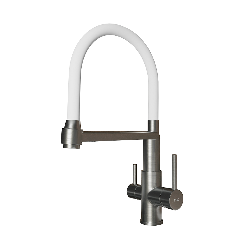 Изображение товара Смеситель Esko для кухонной мойки, с подключением к фильтру с питьевой водой, с гибким изливом, цвет белый матовый/нержавеющая сталь, K26 W