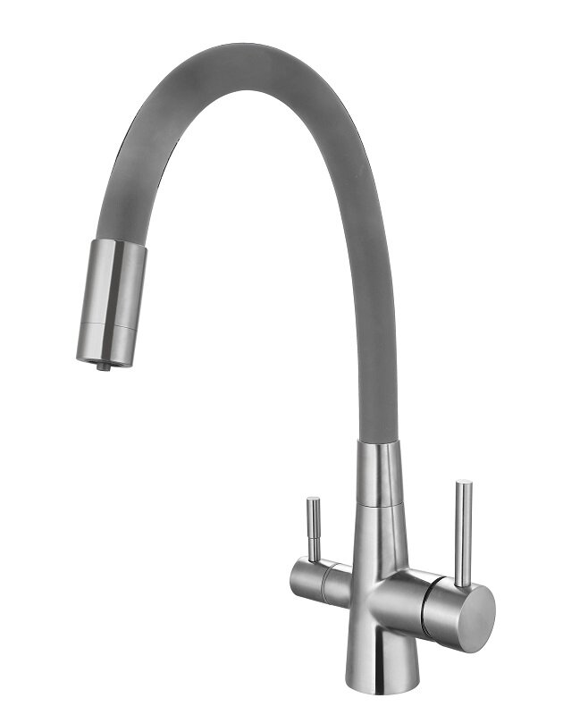 Изображение товара Смеситель Esko для кухонной мойки с подключением к фильтру, гибкий излив, серый Coral