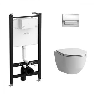 Изображение товара Инсталляция Laufen, клавиша хром, с безободковым унитазом Laufen Pro, сиденье микролифт, белый, Z.RU93.0.761.5