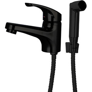 Изображение товара Полимерный смеситель OneLife для раковины, с гигиеническим душем, цвет черный матовый, P01-022b