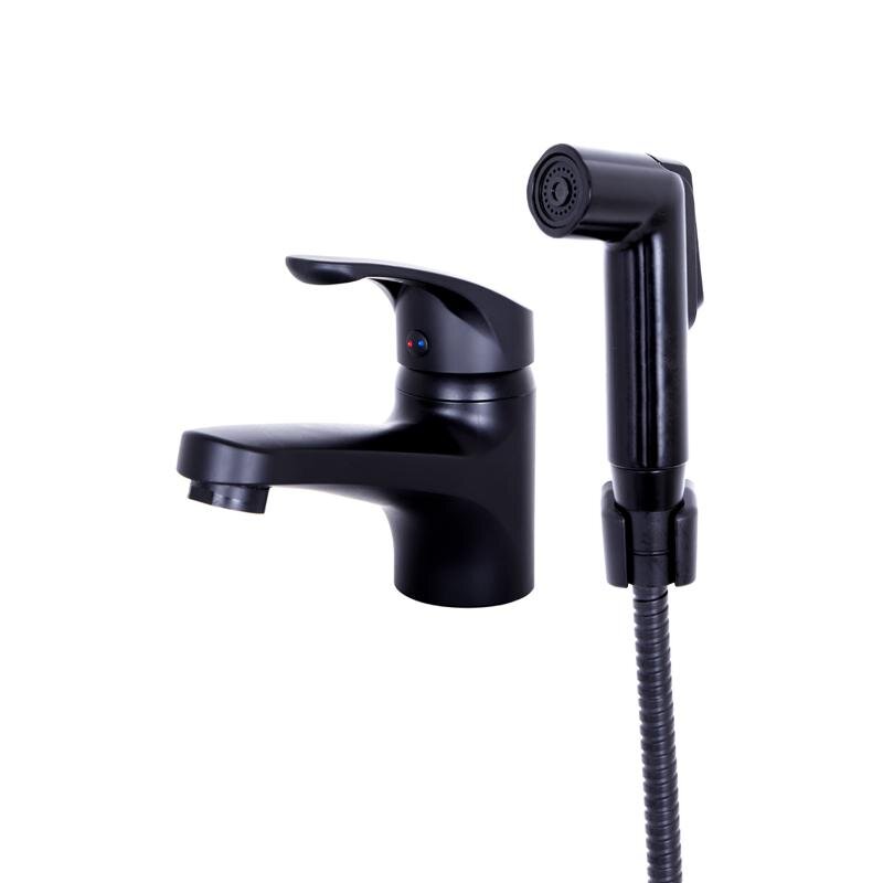 Изображение товара Полимерный смеситель OneLife для раковины, с гигиеническим душем, цвет черный матовый, P01-022b