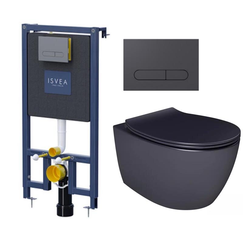 Изображение товара Isvea Durezza 52DR0201I: подвесной унитаз с инсталляцией и антрацитовой кнопкой Изображение товара Isvea Durezza 52DR0201I: подвесной унитаз с инсталляцией и антрацитовой кнопкой