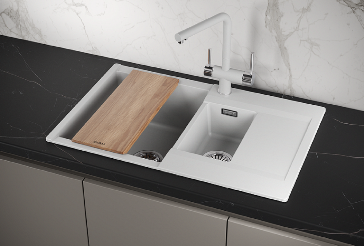 Изображение товара Кухонная мойка Granula Estetica ES-7808 в цвете арктик с двумя чашами и комплектом