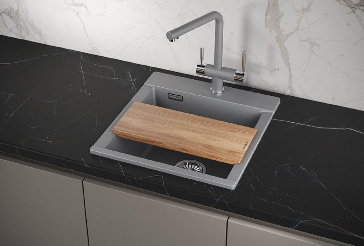 Изображение товара Кухонная мойка Granula Estetica ES-4701 из искусственного камня серого цвета с сифоном и доской
