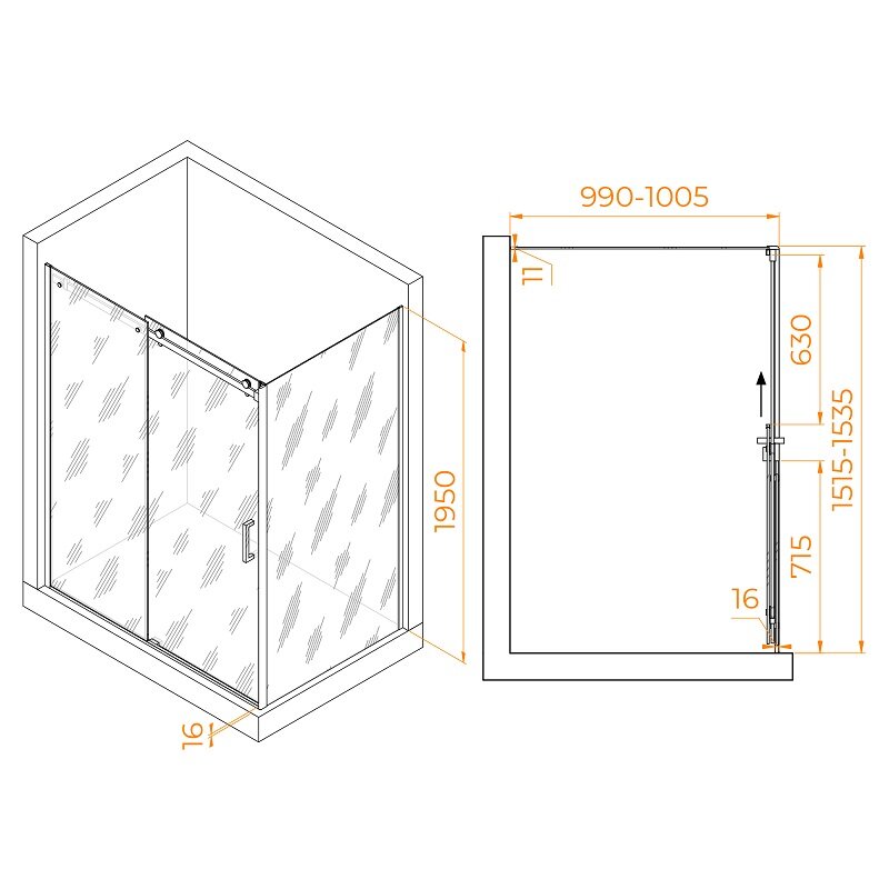 Изображение товара Душевой уголок RGW TO-44-1B прямоугольный 150x100 см с черным профилем и стеклом 8 мм