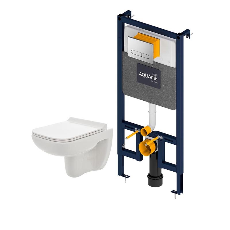 Изображение товара Инсталляция AQUAme с безободковым унитазом, сиденьем микролифт, хромовая клавиша, комплект, AQM4200