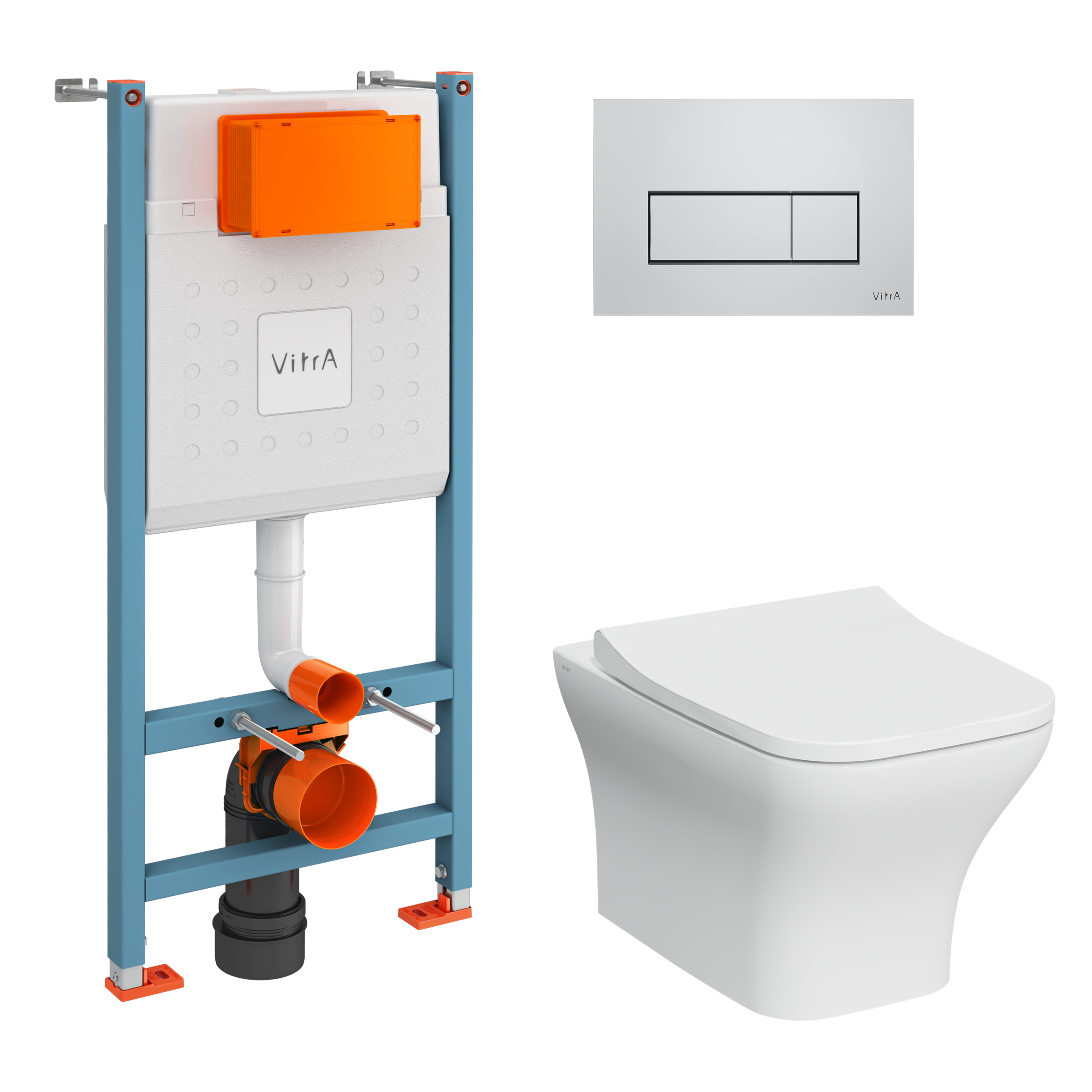 Изображение товара Инсталляция Vitra с подвесным безободковым унитазом Vitra Zentrum Square, сиденье микролифт, клавиша глянцевый хром, 9875B003-7201